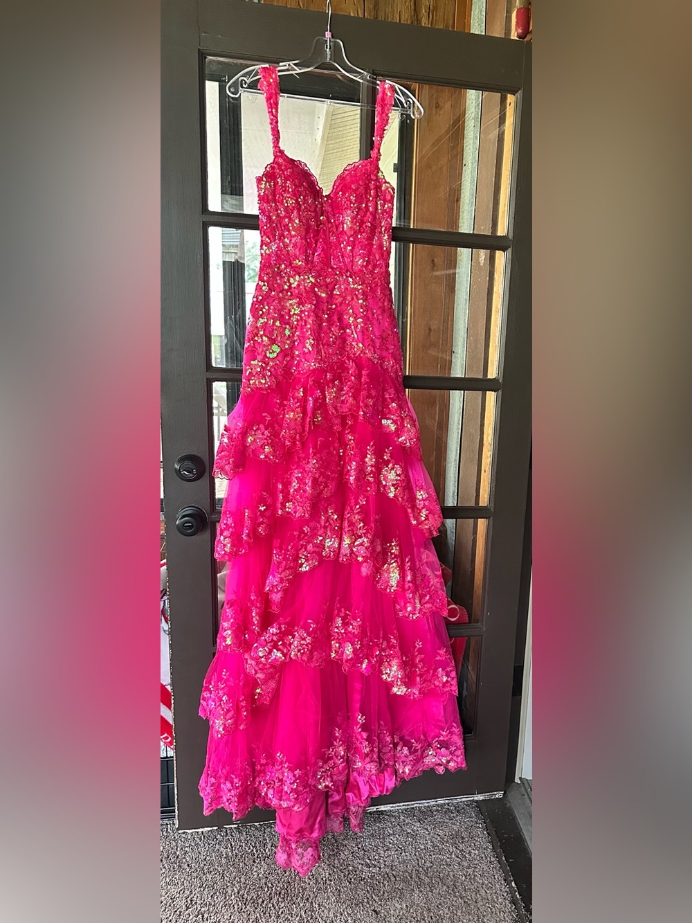 Fuchsia Sequin Tiered Tulle Prom Dress
